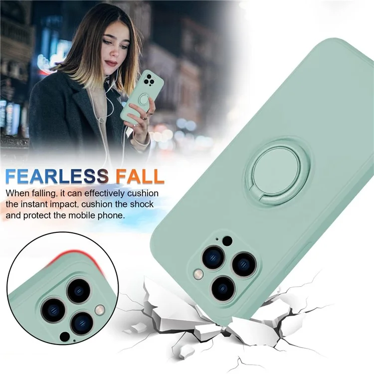 Para iPhone 15 Pro Max Ring Kickstand Anti-drop Case Liquid Silicone Phone Cover con Cordón - Cian