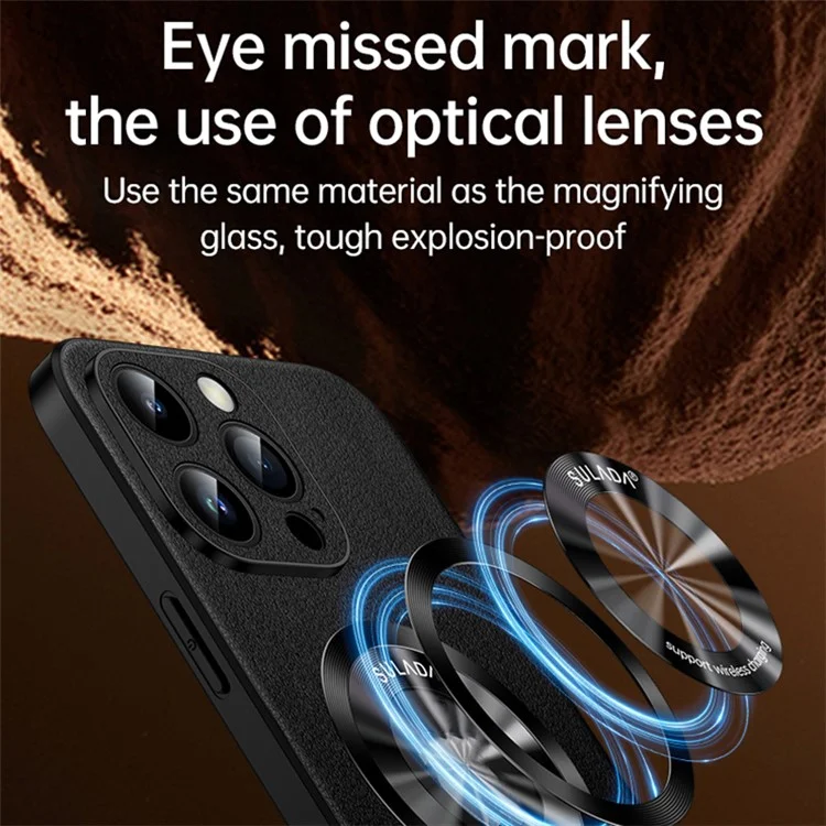 SULADA For iPhone 15 Pro Cowhide Texture Phone Cover PU Leather Coated TPU Case Compatible with MagSafe - Black