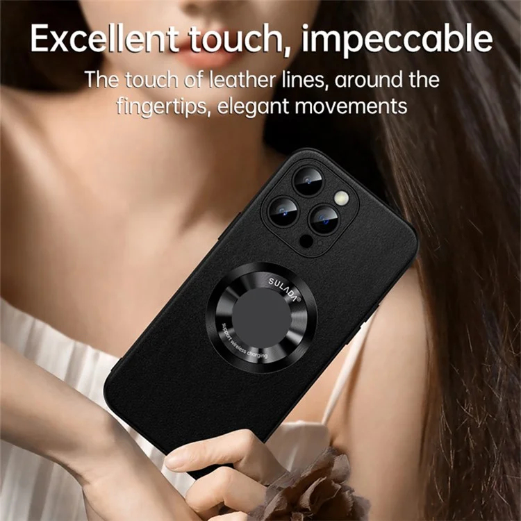 SULADA For iPhone 15 Pro Cowhide Texture Phone Cover PU Leather Coated TPU Case Compatible with MagSafe - Black