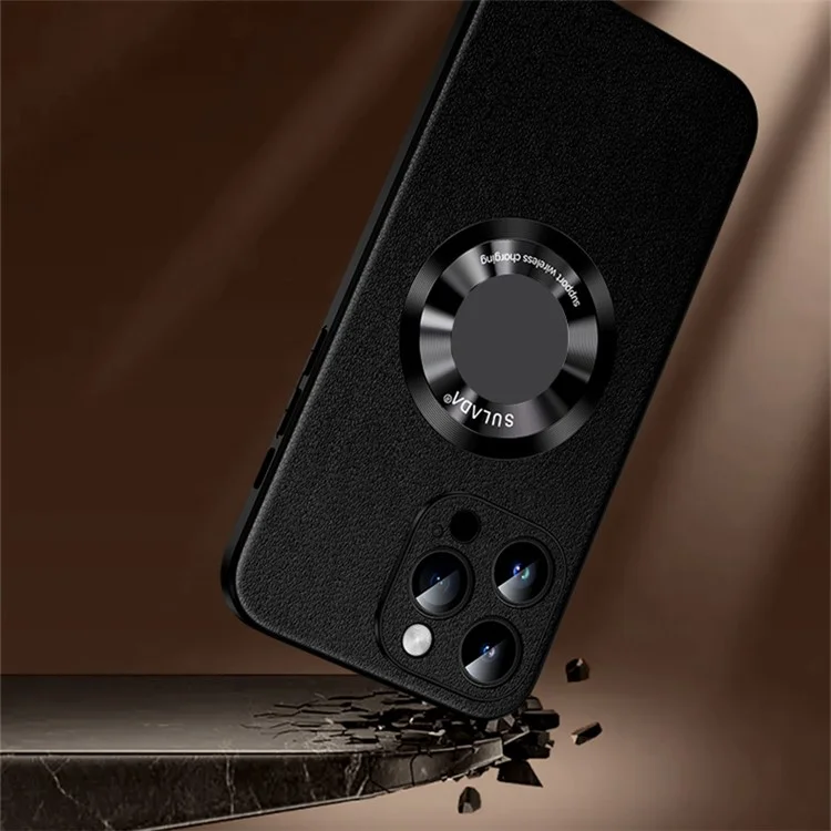 SULADA For iPhone 15 Pro Cowhide Texture Phone Cover PU Leather Coated TPU Case Compatible with MagSafe - Black