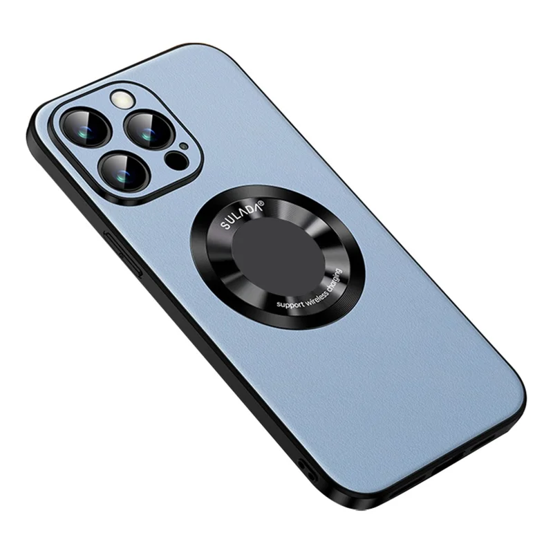 SULADA Para iPhone 15 Pro Max Textura de Couro de Vaca Capa Anti-Arranhão PU Couro+TPU Capa de Telefone Compatível com MagSafe - Azul Bebê
