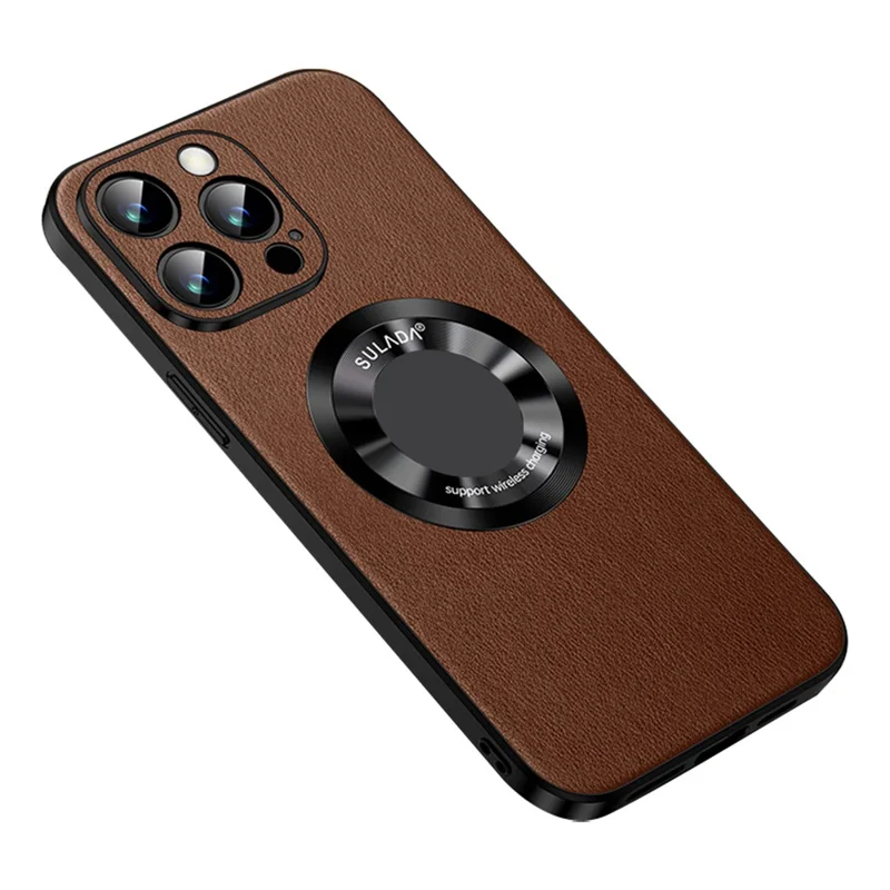 SULADA For iPhone 15 Pro Max Cowhide Texture Anti-scratch Cover PU Leather+TPU Phone Case Compatible with MagSafe - Brown
