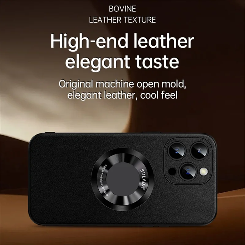 SULADA For iPhone 15 Pro Max Cowhide Texture Anti-scratch Cover PU Leather+TPU Phone Case Compatible with MagSafe - Brown