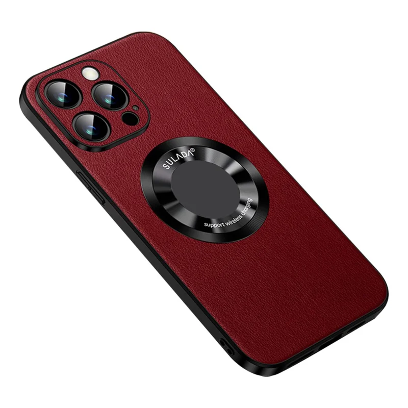 SULADA per iPhone 15 Pro Max Cowhide Texture Anti-scratch Cover PU Leather+TPU Phone Case Compatible with MagSafe - Rosso