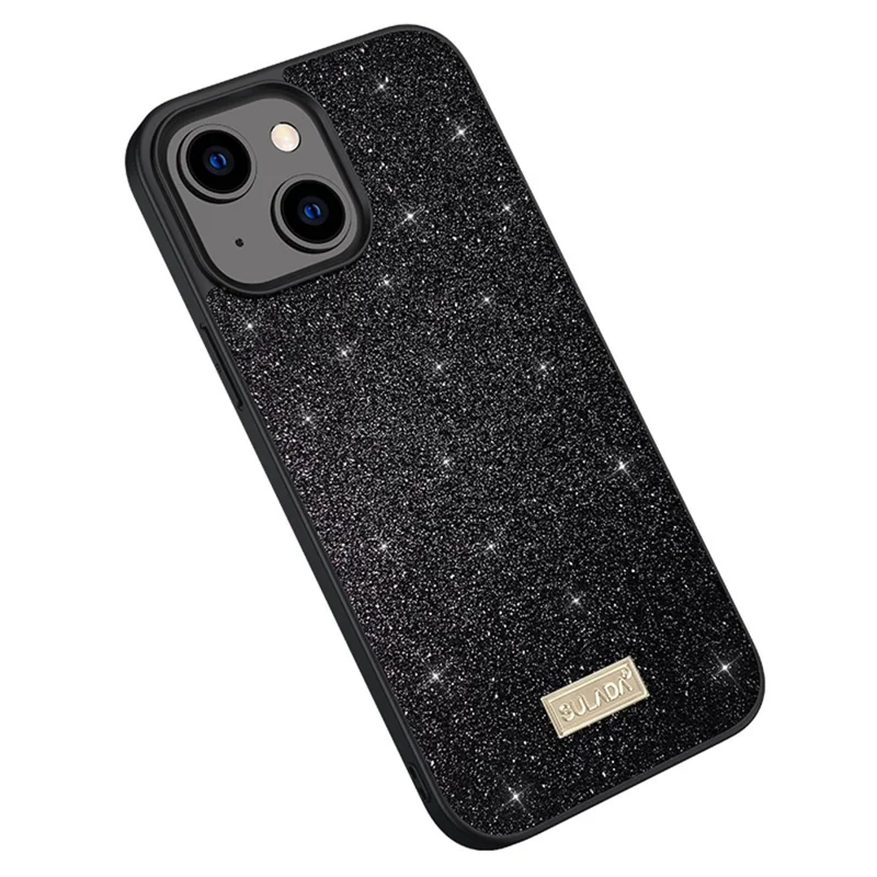 SULADA Back Cover für iPhone 15, PU-Leder beschichteter PC + TPU Glitzer Pailletten Handyhülle - Schwarz