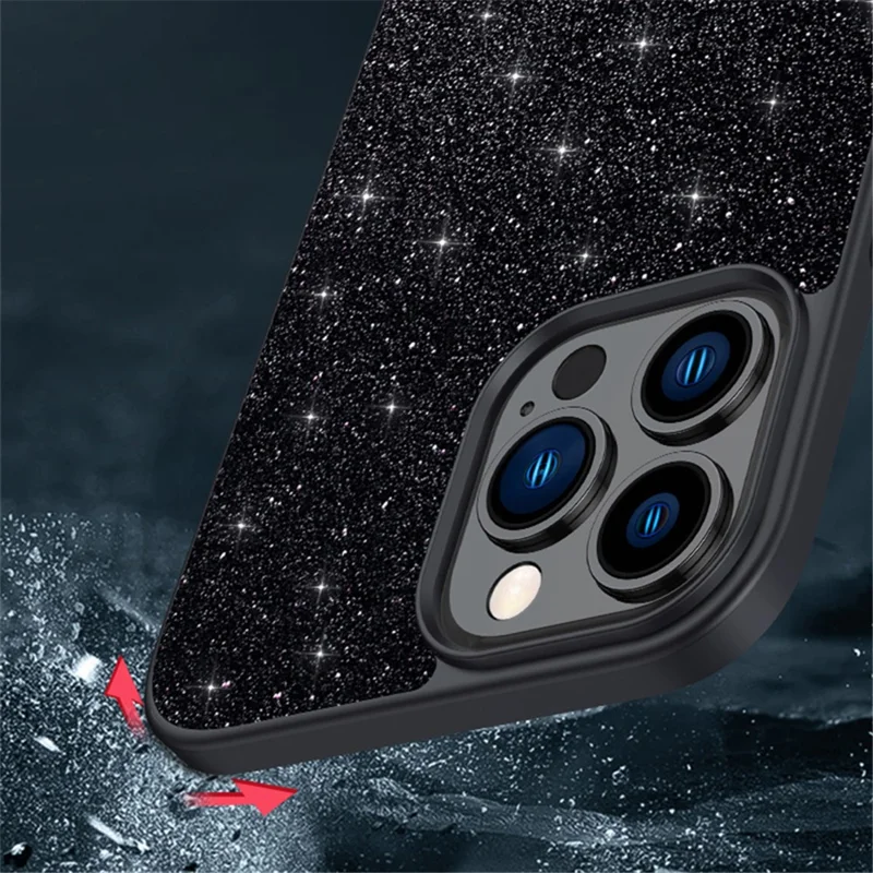 SULADA Back Protector für iPhone 15 Pro, PU-Leder beschichtete PC + TPU Glitter Sequin Handyhülle - Schwarz