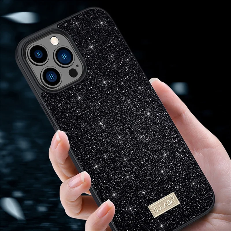 SULADA bagbeskytter til iPhone 15 Pro, PU-læderbelagt PC + TPU glitrende paillettelefonbeskytter – gylden