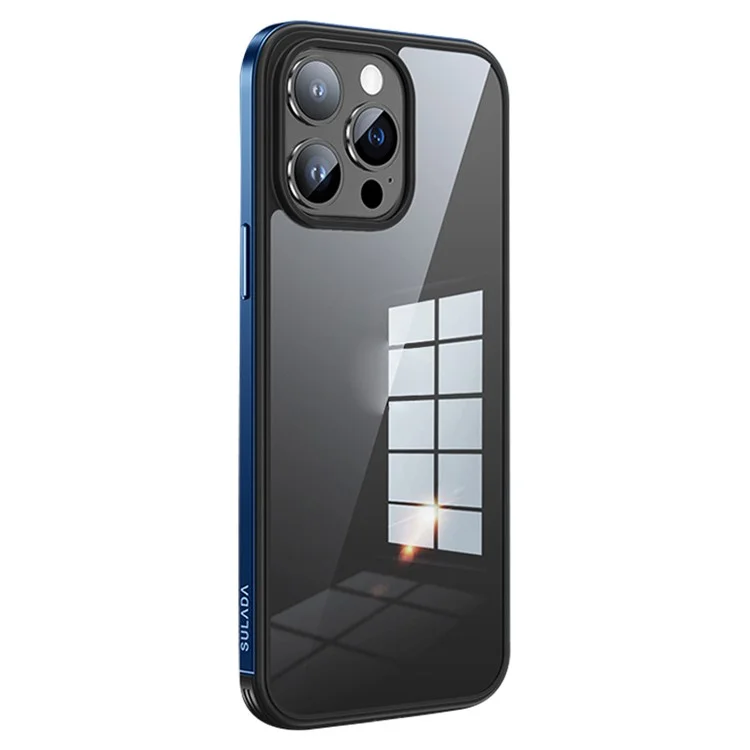SULADA Minrui Series For iPhone 15 Pro Max Electroplating Clear Phone Case Metal Frame TPU+Tempered Glass Cover - Dark Blue