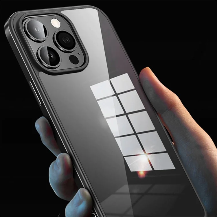 SULADA Minrui Series For iPhone 15 Pro Max Electroplating Clear Phone Case Metal Frame TPU+Tempered Glass Cover - Dark Blue