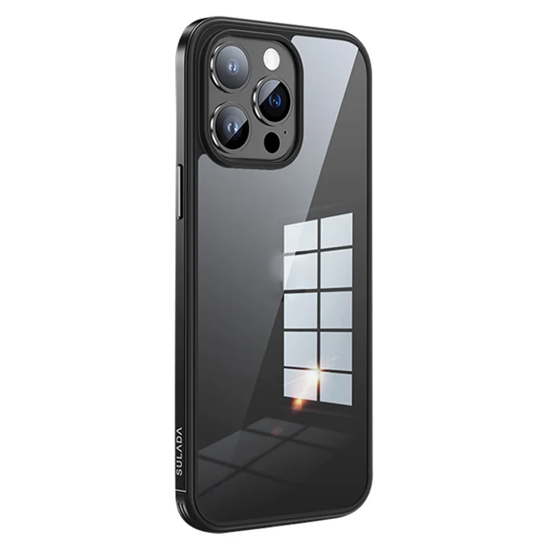 SULADA Minrui Series For iPhone 15 Pro Max Electroplating Clear Phone Case Metal Frame TPU+Tempered Glass Cover - Black