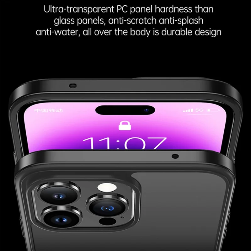 SULADA Minrui Series For iPhone 15 Pro Max Electroplating Clear Phone Case Metal Frame TPU+Tempered Glass Cover - Black