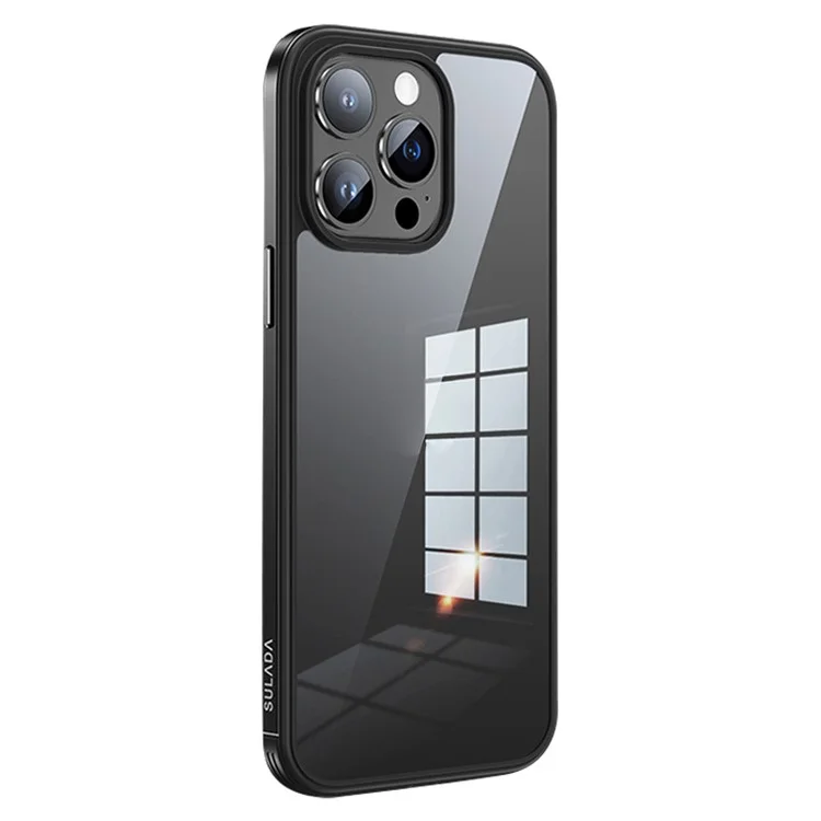 SULADA Minrui Series For iPhone 15 Pro TPU+Tempered Glass Phone Cover Metal Frame Electroplated Anti-scratch Case - Black