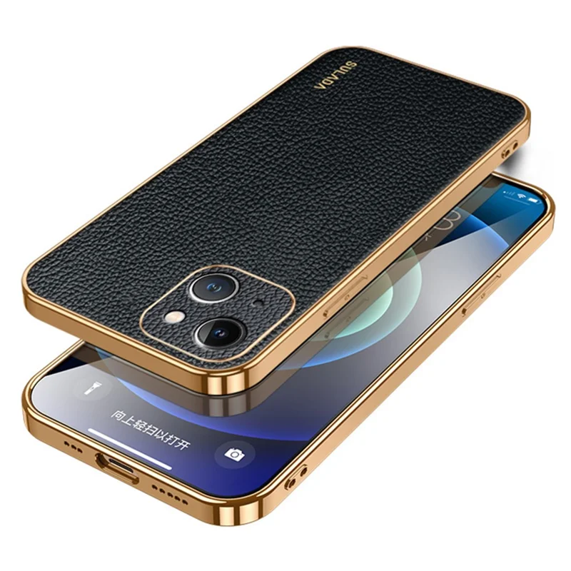 SULADA для iPhone 15 Litchi Texture Electroplating Cover PU Leather+PC+TPU Anti-drop Phone Case - Black