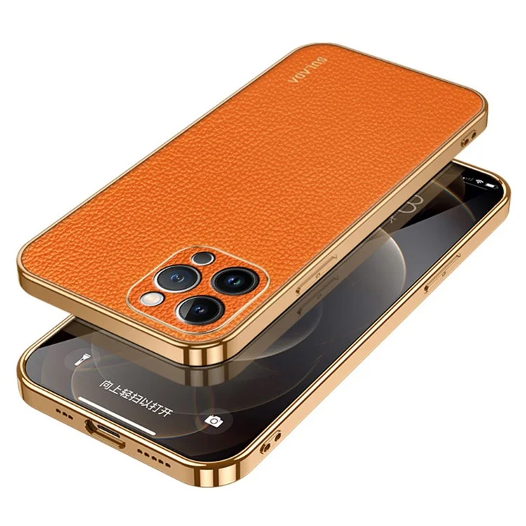 SULADA Per iPhone 15 Pro Litchi Texture PU Leather Coated PC+TPU Phone Case Electroplated Back Cover - Arancione