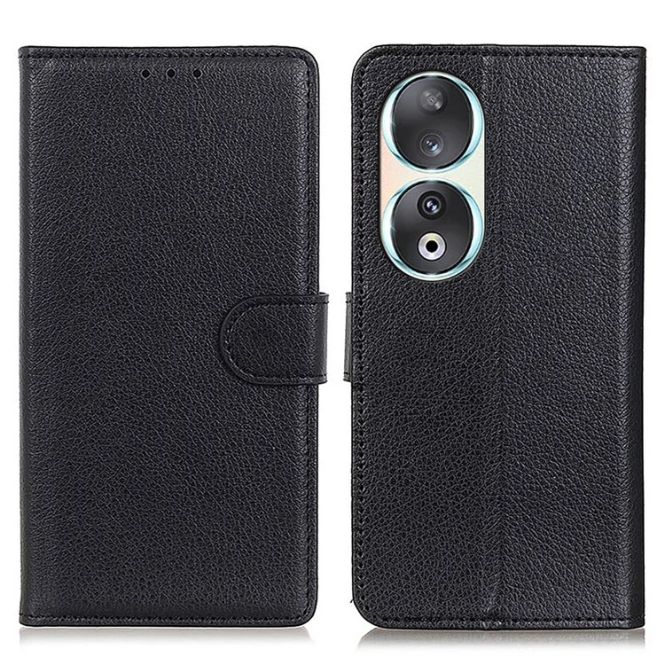 Wallet Phone Case for Honor 90 , Litchi Texture PU Leather Stand Protective Phone Cover - Black
