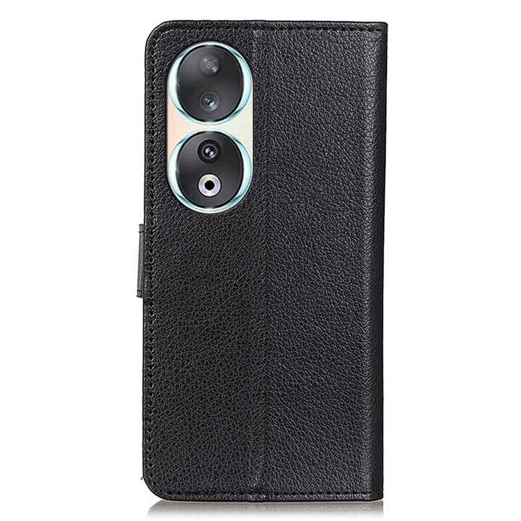 Wallet Phone Case for Honor 90 , Litchi Texture PU Leather Stand Protective Phone Cover - Black