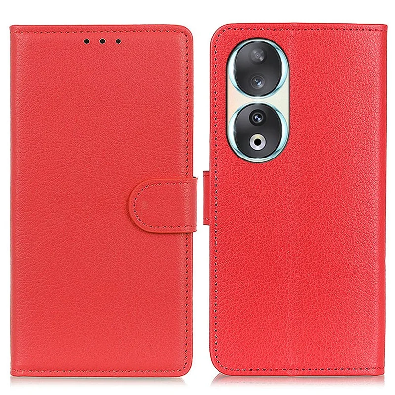 Wallet Phone Case for Honor 90 , Litchi Texture PU Leather Stand Protective Phone Cover - Red