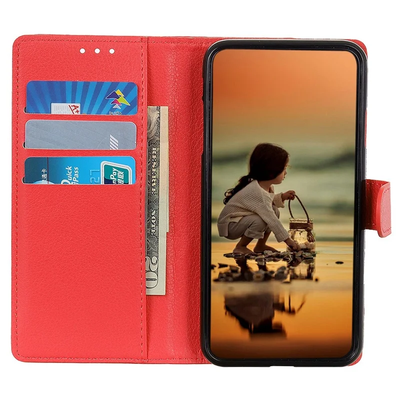Wallet Phone Case for Honor 90 , Litchi Texture PU Leather Stand Protective Phone Cover - Red