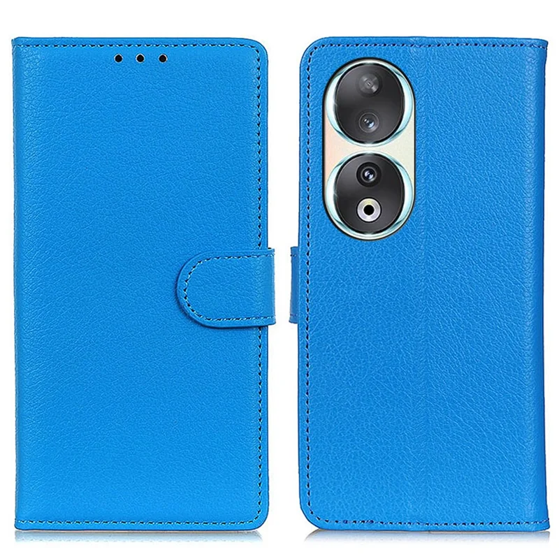 Wallet Phone Case for Honor 90 , Litchi Texture PU Leather Stand Protective Phone Cover - Blue