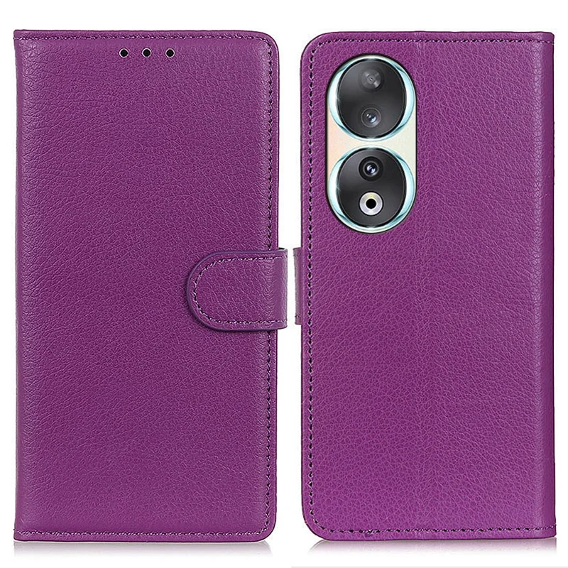 Wallet Phone Case for Honor 90 , Litchi Texture PU Leather Stand Protective Phone Cover - Purple