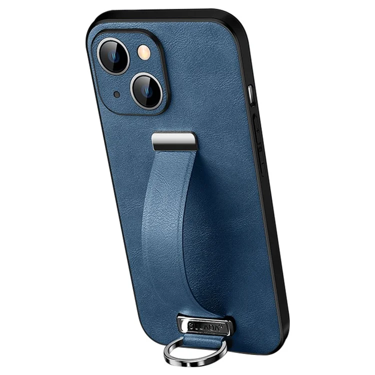SULADA Fashion Series para iPhone 15 Funda de teléfono con textura de piel de caballo loca PC+PC+TPU con correa y soporte - Azul