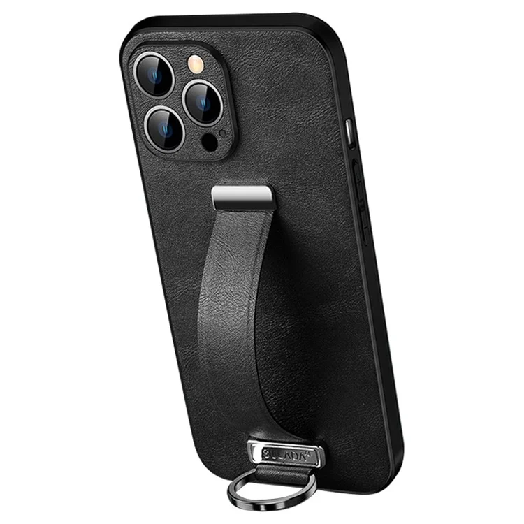 SULADA Fashion Series Crazy Horse Texture PU+PC+TPU Case para iPhone 15 Pro Funda a Prueba de Golpes con Correa Soporte - Negro
