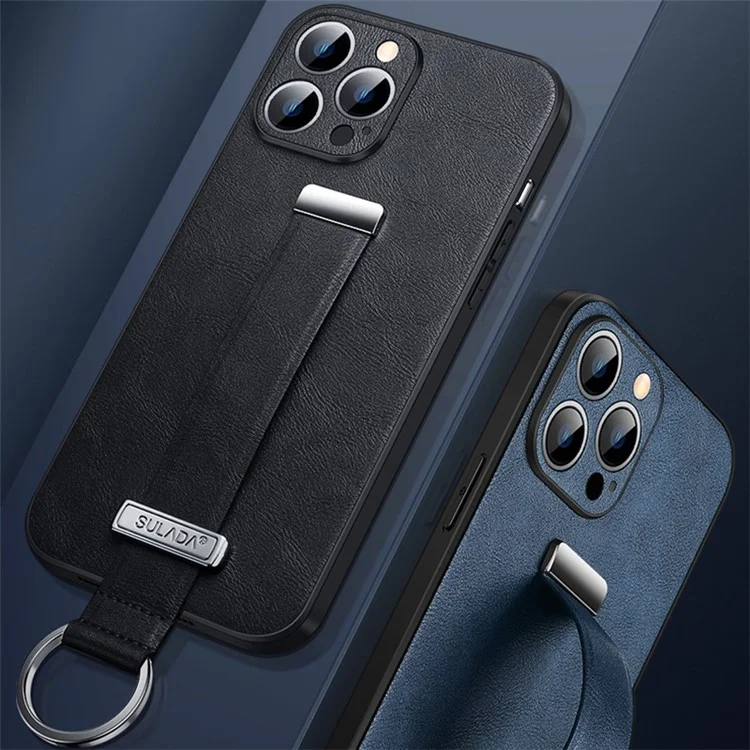 SULADA Fashion Series Crazy Horse Texture PU+PC+TPU Case para iPhone 15 Pro Funda a Prueba de Golpes con Correa Soporte - Negro
