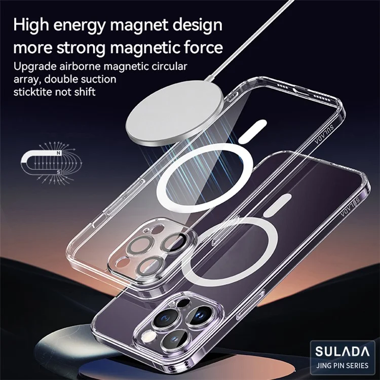 SULADA TPU+PC Case for iPhone 15 Pro Compatible with MagSafe Anti-Drop Phone Cover with Lens Film - Transparent Black