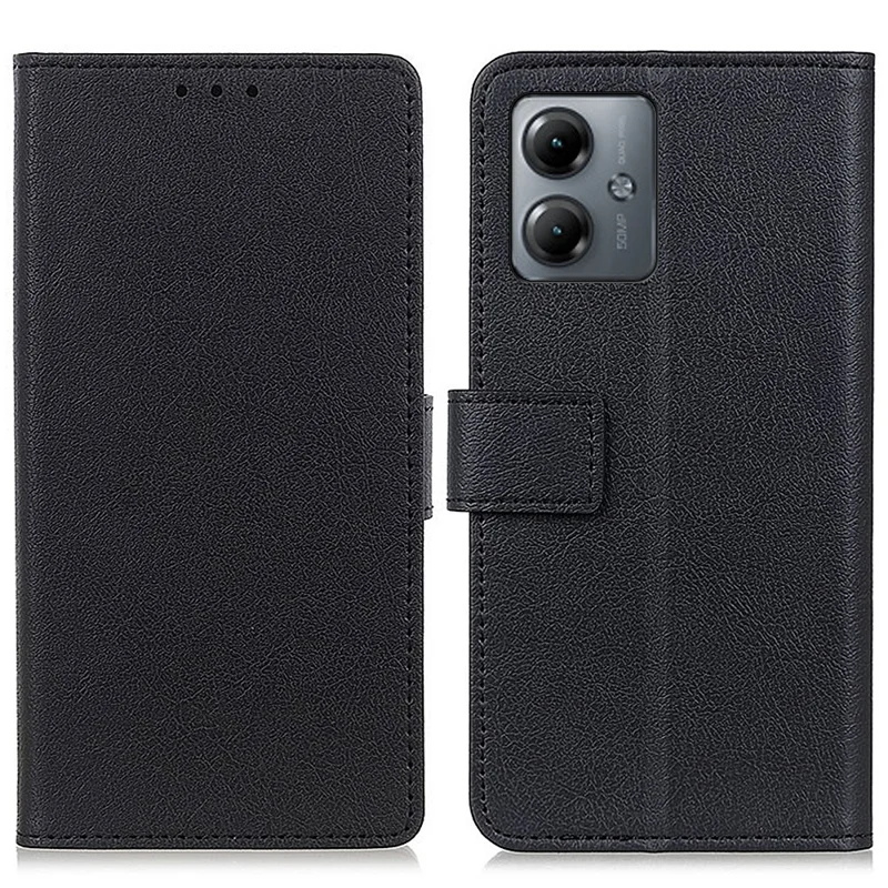For Motorola Moto G14 4G PU Leather Textured Phone Case Wallet Stand Shockproof Protective Cover - Black