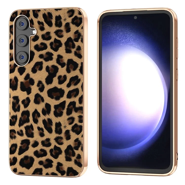 Custodia per telefono con elettrodeposizione Nano per Samsung Galaxy S23 FE, cover in pelle con motivo leopardato+TPU+PC - Marrone