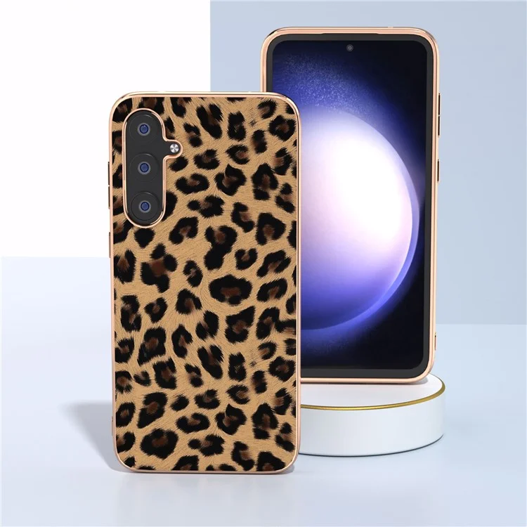 Custodia per telefono con elettrodeposizione Nano per Samsung Galaxy S23 FE, cover in pelle con motivo leopardato+TPU+PC - Marrone