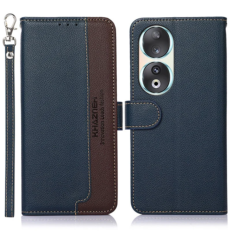 KHAZNEH For Honor 90 Phone Shell Litchi Texture Wallet Stand RFID Blocking Anti-Scratch PU Leather Case - Blu