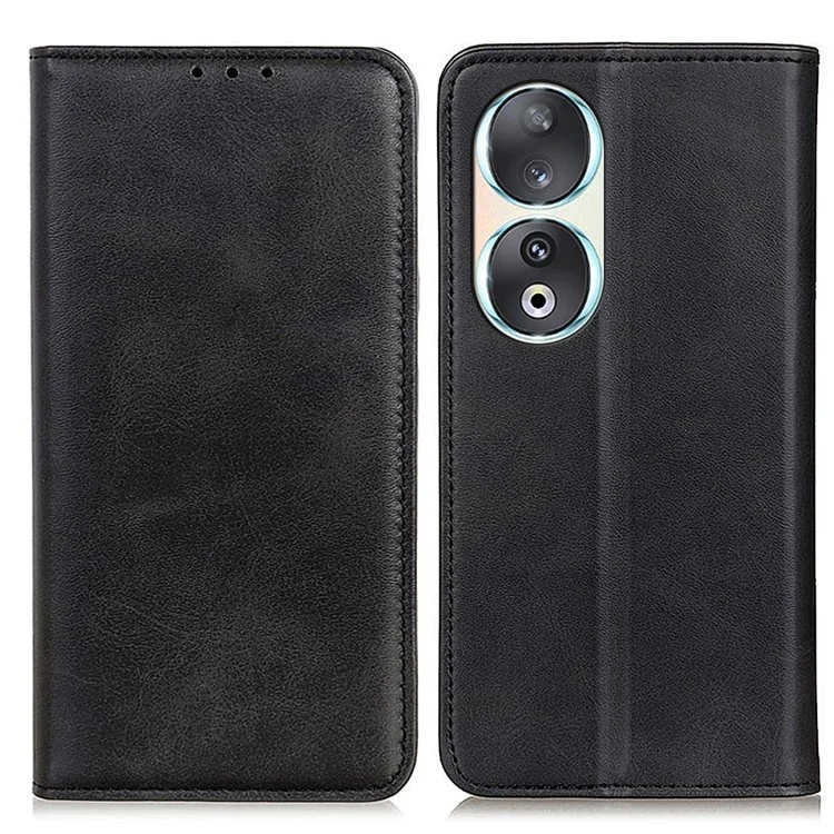 Wallet Phone Case for Honor 90 , Protective Stand Shell Cowhide Texture Split Leather Phone Cover - Black