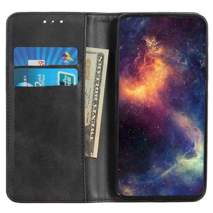 Wallet Phone Case for Honor 90 , Protective Stand Shell Cowhide Texture Split Leather Phone Cover - Black