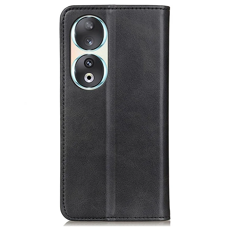 Wallet Phone Case for Honor 90 , Protective Stand Shell Cowhide Texture Split Leather Phone Cover - Black