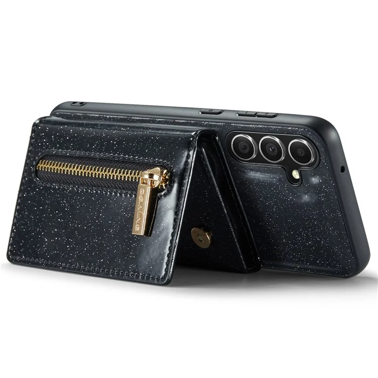 DG.MING M3 Series Para Samsung Galaxy S23 FE Kickstand Phone Case Glittery Leather Coated PC+TPU Cover with Detachable Wallet - Preto
