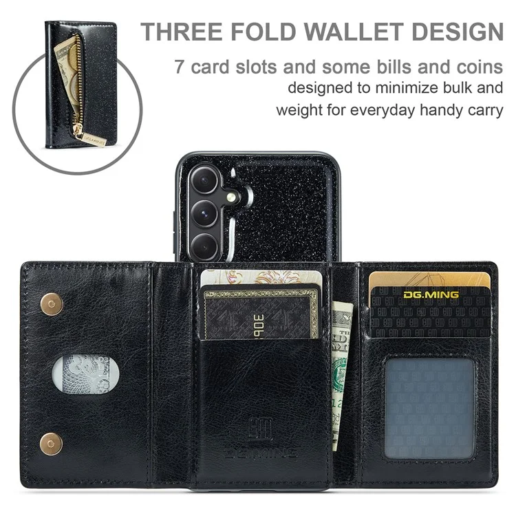 DG.MING M3 Series Para Samsung Galaxy S23 FE Kickstand Phone Case Glittery Leather Coated PC+TPU Cover with Detachable Wallet - Preto