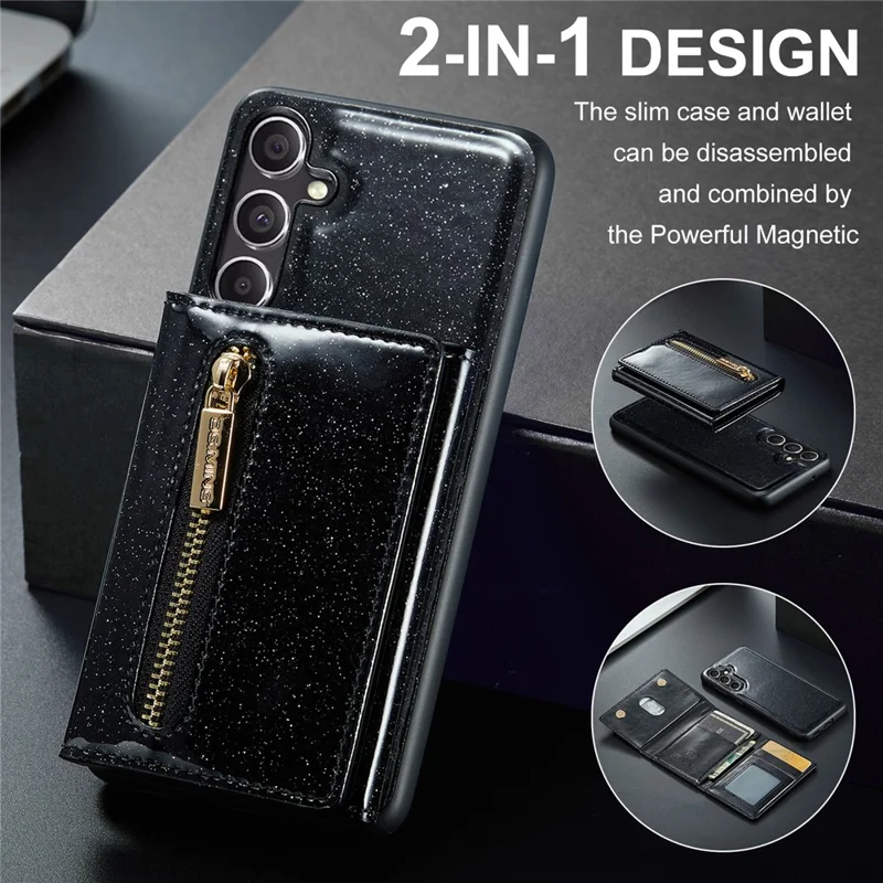 DG.MING M3 Series Para Samsung Galaxy S23 FE Kickstand Phone Case Glittery Leather Coated PC+TPU Cover with Detachable Wallet - Preto