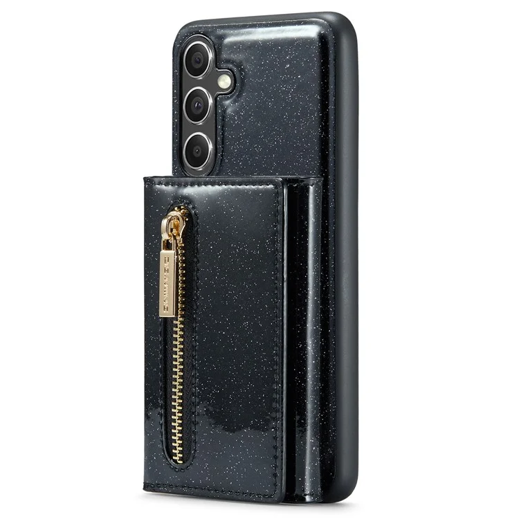 DG.MING M3 Series Para Samsung Galaxy S23 FE Kickstand Phone Case Glittery Leather Coated PC+TPU Cover with Detachable Wallet - Preto