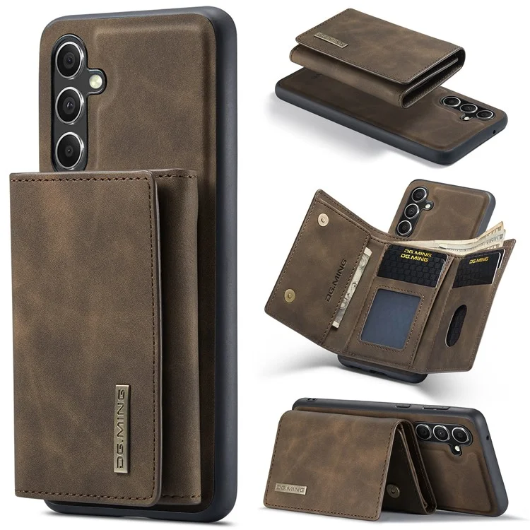 DG.MING M1 Series for Samsung Galaxy S23 FE Leather Coated TPU+PC Phone Case Kickstand Detachable Wallet Cover - Coffee