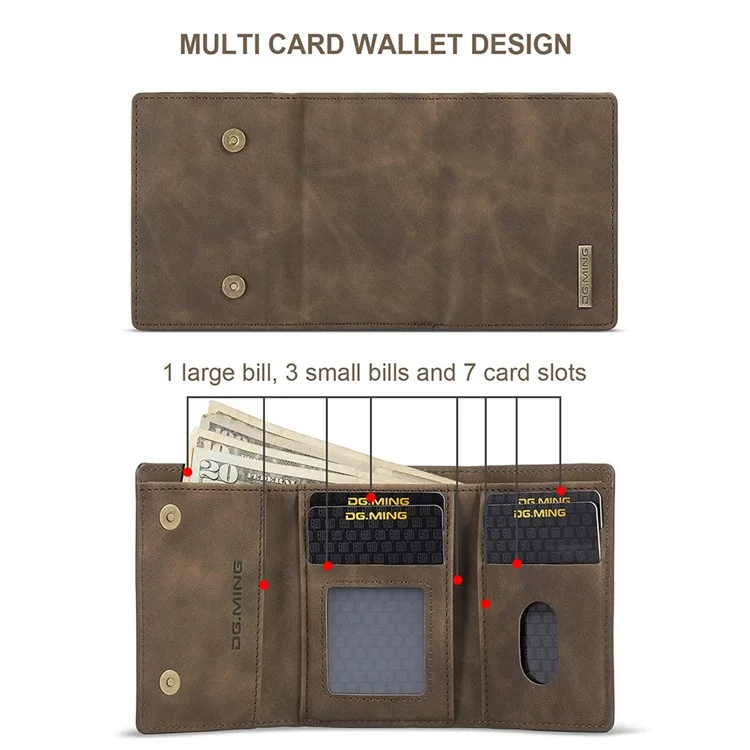 DG.MING M1 Series for Samsung Galaxy S23 FE Leather Coated TPU+PC Phone Case Kickstand Detachable Wallet Cover - Coffee