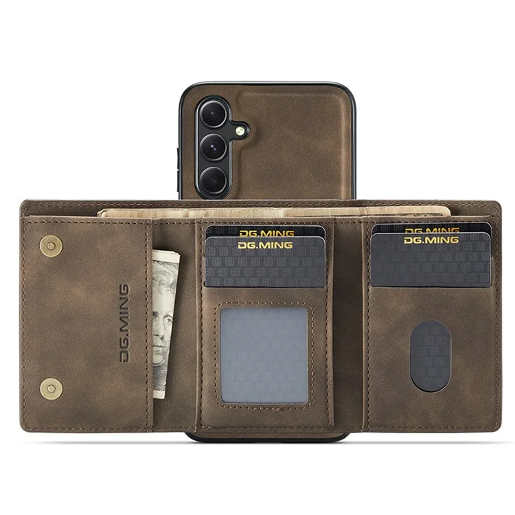 DG.MING M1 Series for Samsung Galaxy S23 FE Leather Coated TPU+PC Phone Case Kickstand Detachable Wallet Cover - Coffee
