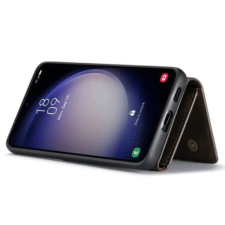 DG.MING M1 Series for Samsung Galaxy S23 FE Leather Coated TPU+PC Phone Case Kickstand Detachable Wallet Cover - Coffee