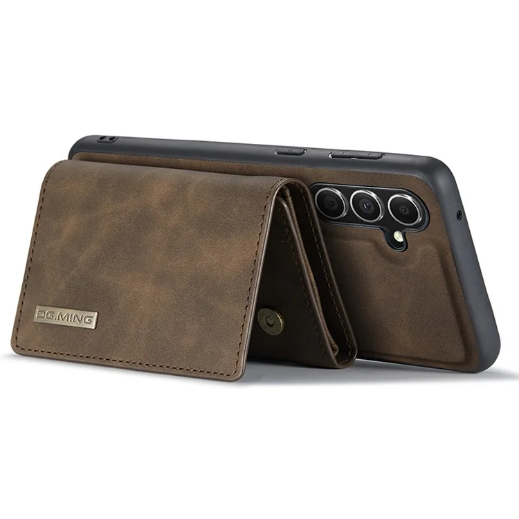 DG.MING M1 Series for Samsung Galaxy S23 FE Leather Coated TPU+PC Phone Case Kickstand Detachable Wallet Cover - Coffee