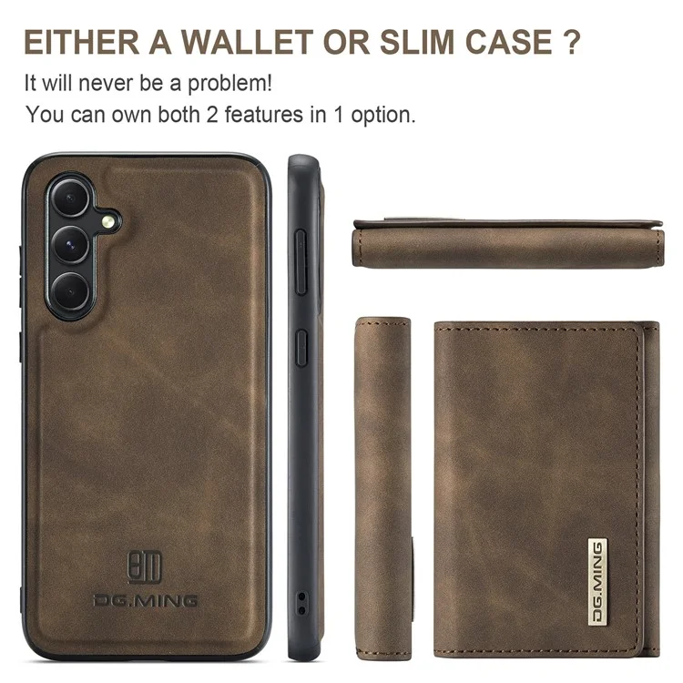 DG.MING M1 Series for Samsung Galaxy S23 FE Leather Coated TPU+PC Phone Case Kickstand Detachable Wallet Cover - Coffee