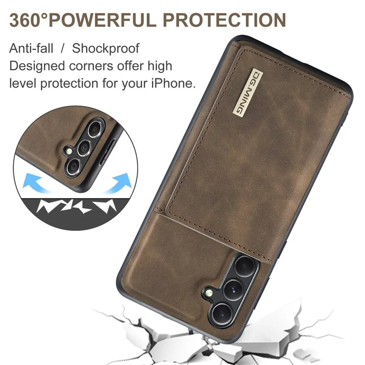DG.MING M1 Series for Samsung Galaxy S23 FE Leather Coated TPU+PC Phone Case Kickstand Detachable Wallet Cover - Coffee
