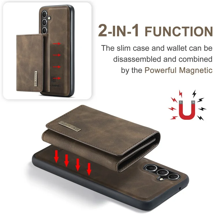 DG.MING M1 Series for Samsung Galaxy S23 FE Leather Coated TPU+PC Phone Case Kickstand Detachable Wallet Cover - Coffee