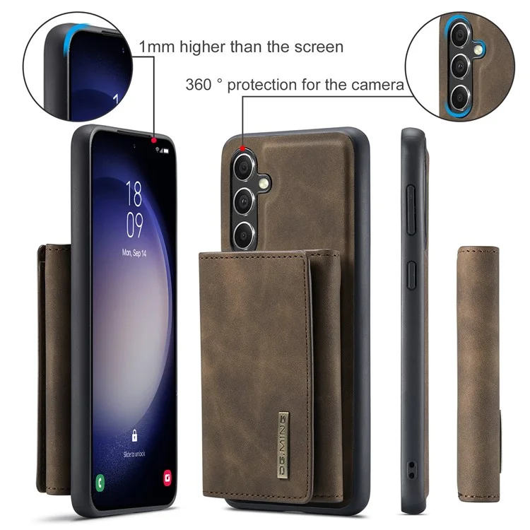 DG.MING M1 Series for Samsung Galaxy S23 FE Leather Coated TPU+PC Phone Case Kickstand Detachable Wallet Cover - Coffee