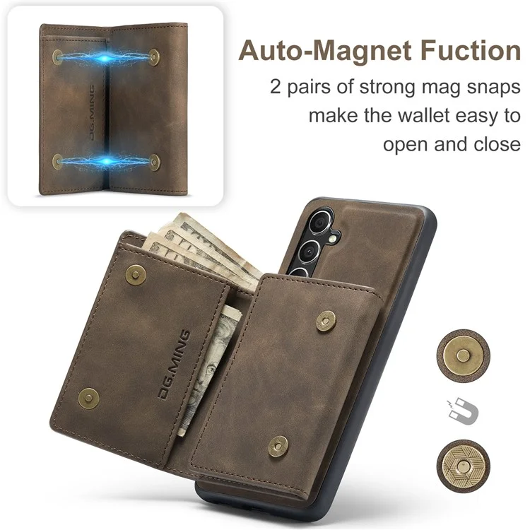 DG.MING M1 Series for Samsung Galaxy S23 FE Leather Coated TPU+PC Phone Case Kickstand Detachable Wallet Cover - Coffee