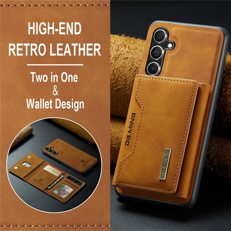 DG.MING M2 Series for Samsung Galaxy S23 FE Detachable Wallet Phone Case Kickstand Leather Coated TPU+PC Cover - Brown